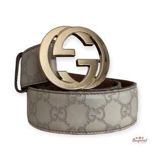 Authentic Gucci Cream Guccissima Leather Gold Interlocking G Buckle Belt 85/34